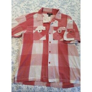 Vtg Y2K Veezo Button Up Shirt Sz 3XL Red & White Sparkle Plaid Baggy Hip Hop Rap